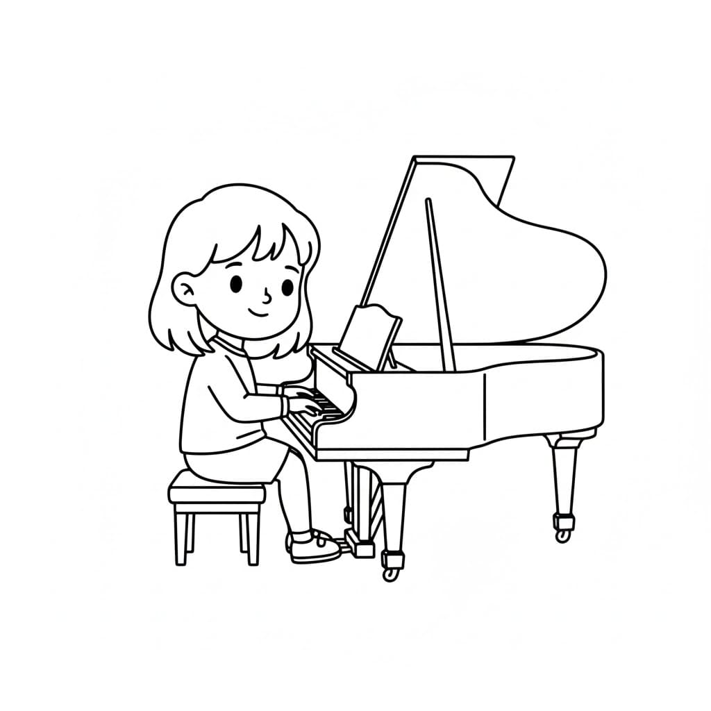 Bambina che suona pianoforte da colorare