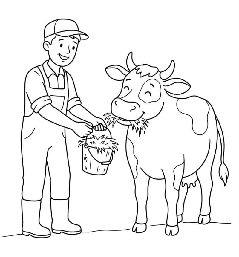 Agricoltore accanto alla mucca da colorare