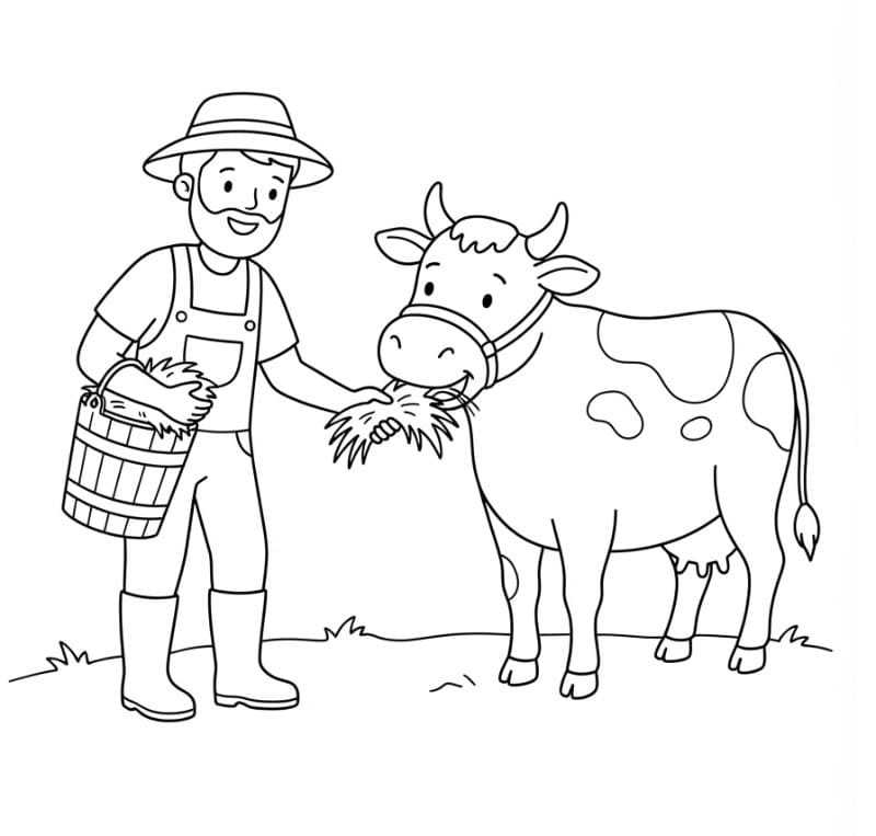Agricoltore che nutre la mucca da colorare