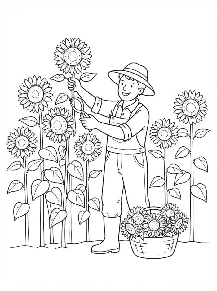 Agricoltore che raccoglie i girasoli da colorare