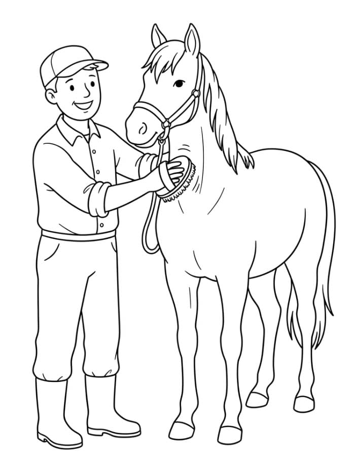Agricoltore che spazzola un cavallo da colorare