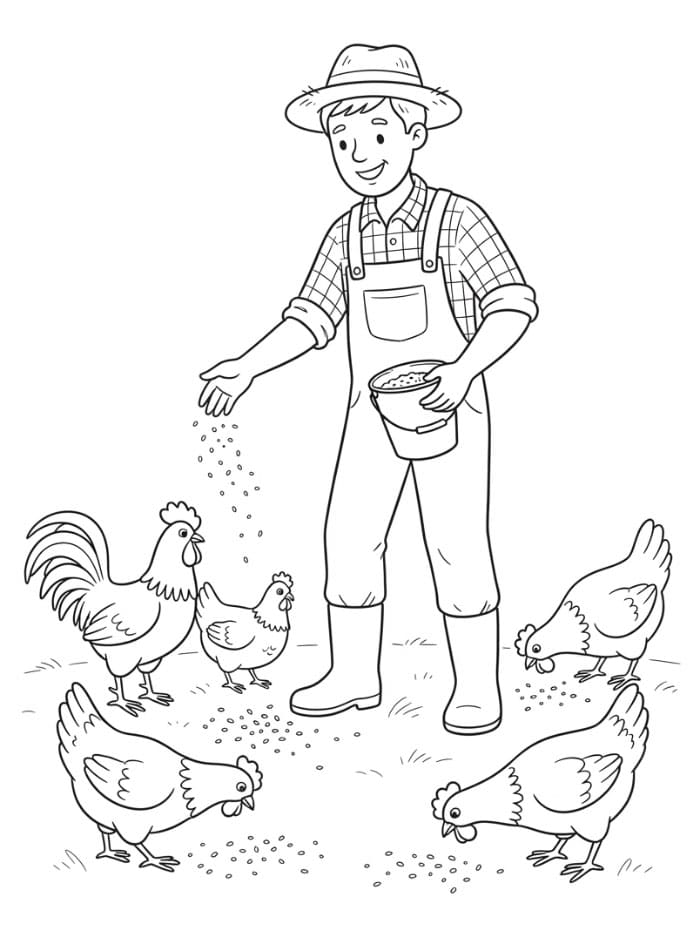 Agricoltore con le galline da colorare