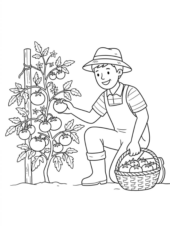 Agricoltore con un cesto di pomodori da colorare