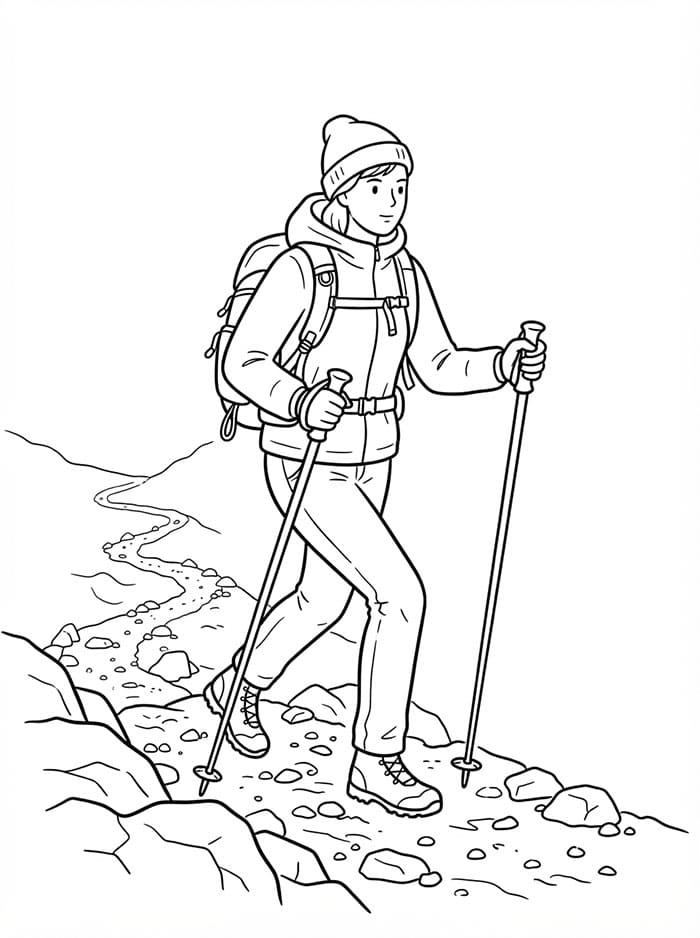 Alpinista con bastoncini da trekking da colorare