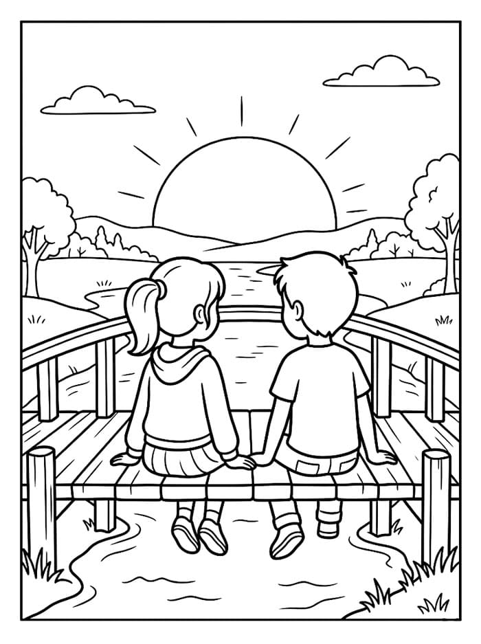 Amici sul ponte al tramonto da colorare