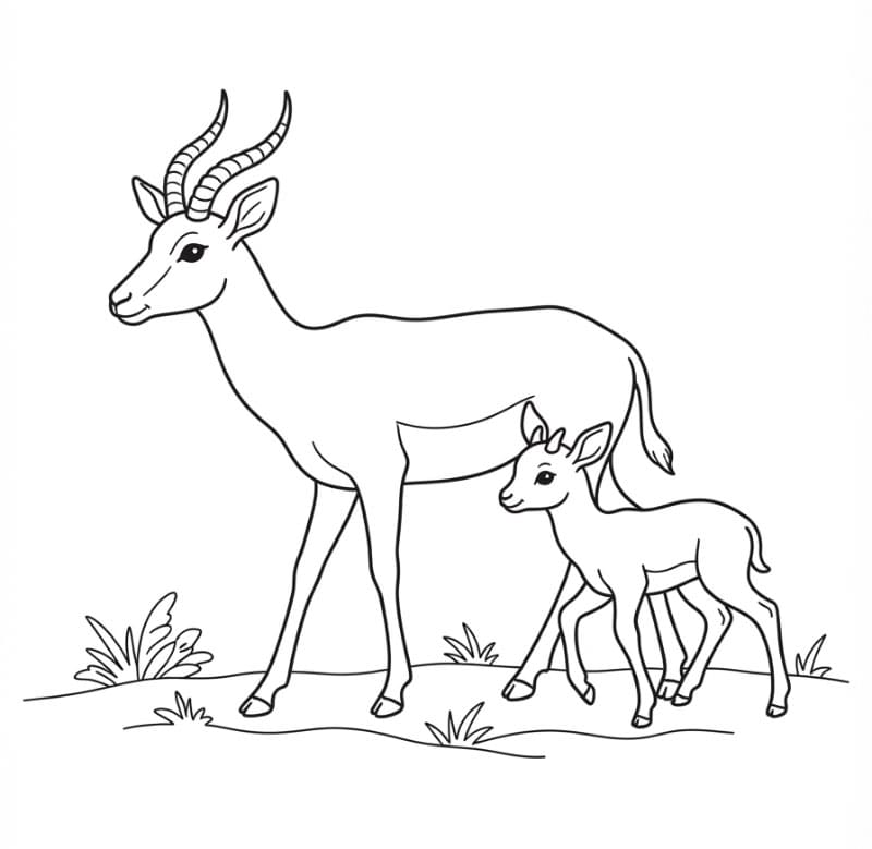 Antilope con piccolo che cammina da colorare