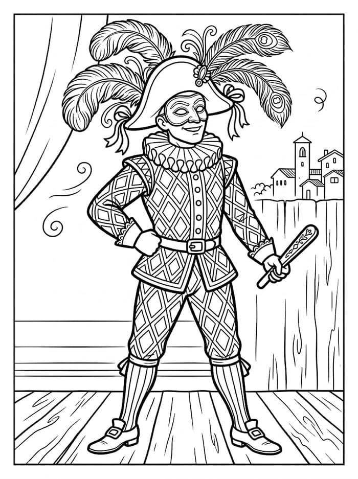 Arlecchino con Cappello Piumato da colorare
