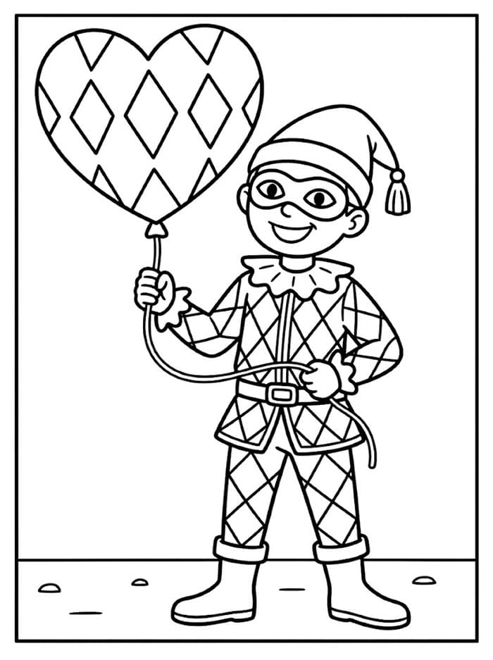 Arlecchino con Palloncino a Cuore da colorare