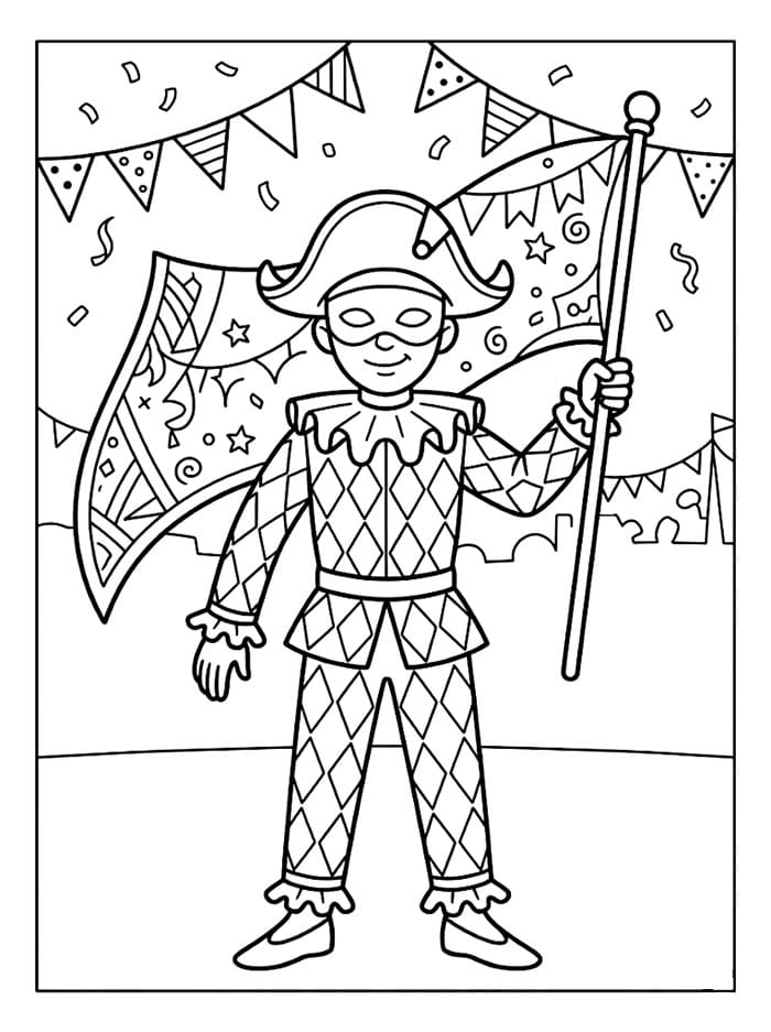 Arlecchino con la Bandiera di Carnevale da colorare