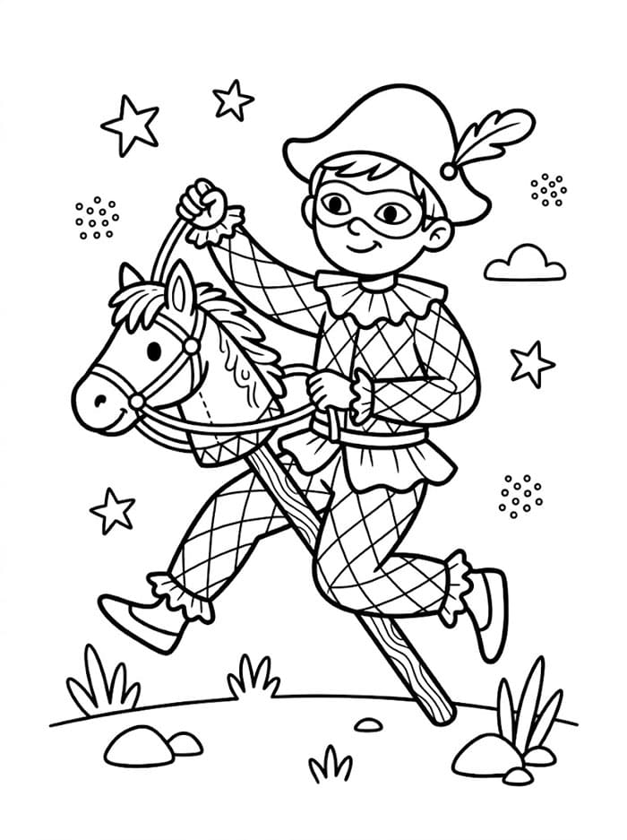 Arlecchino sul Cavallo di Legno da colorare