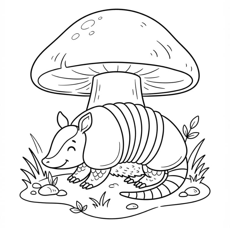 Armadillo sotto un grande fungo da colorare