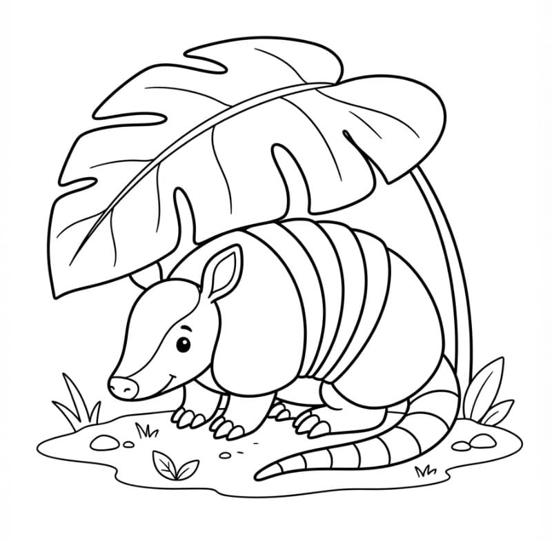 Armadillo sotto una grande foglia da colorare