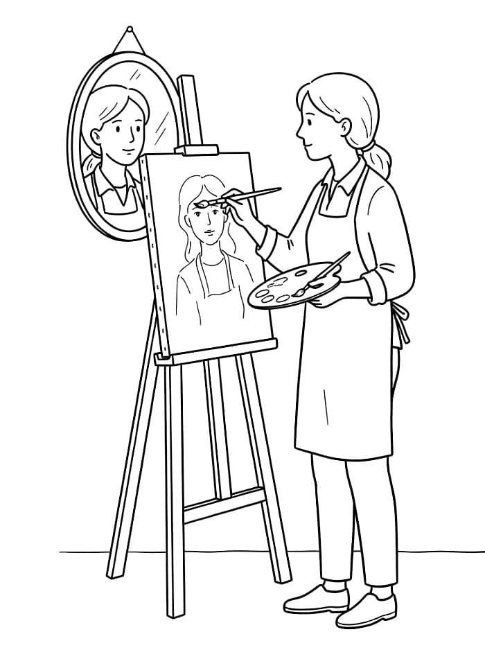 Artista che dipinge un autoritratto da colorare