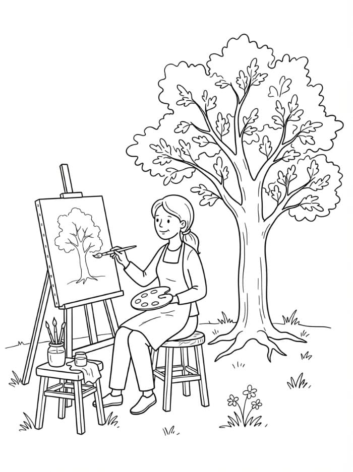 Artista che dipinge un bell'albero da colorare
