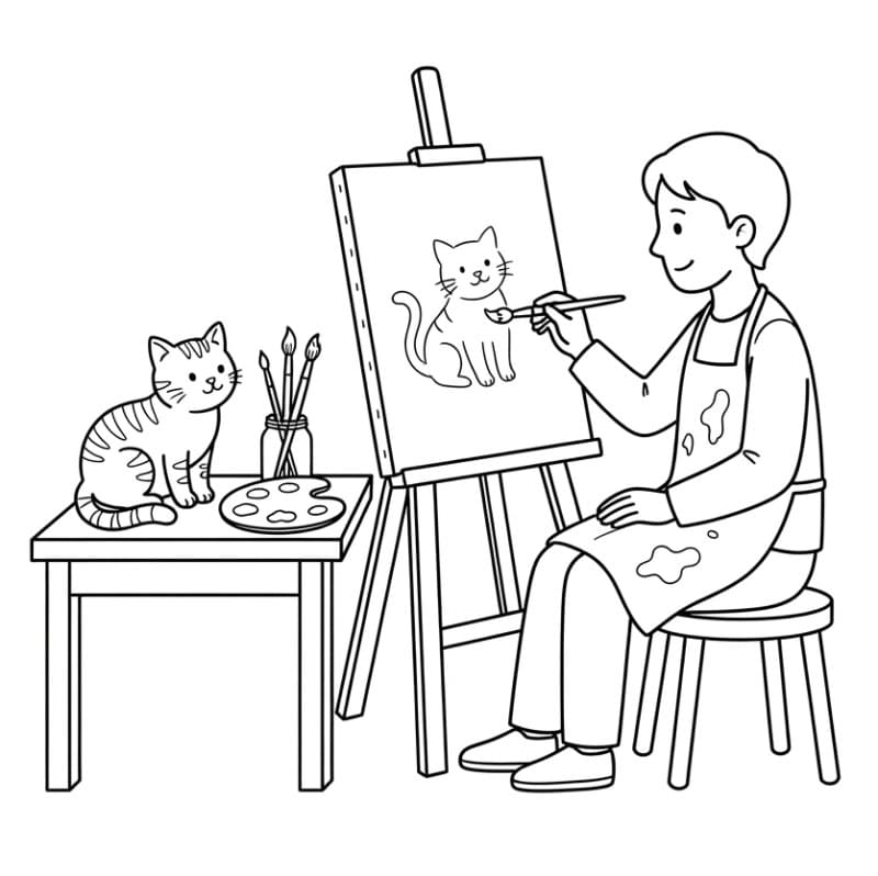 Artista che dipinge un gatto da colorare