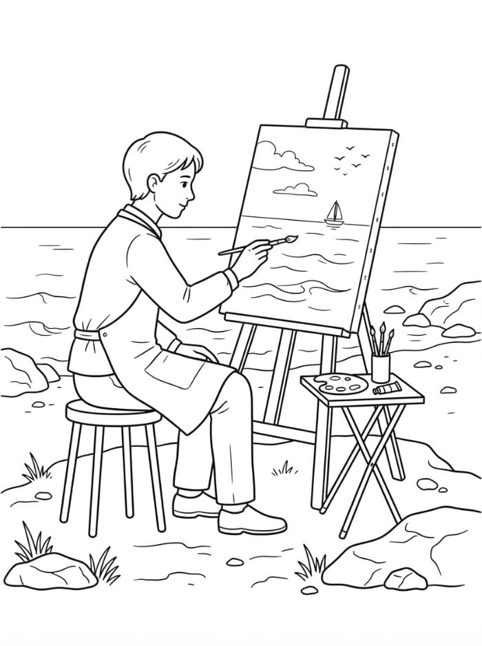 Artista che dipinge un paesaggio marino da colorare