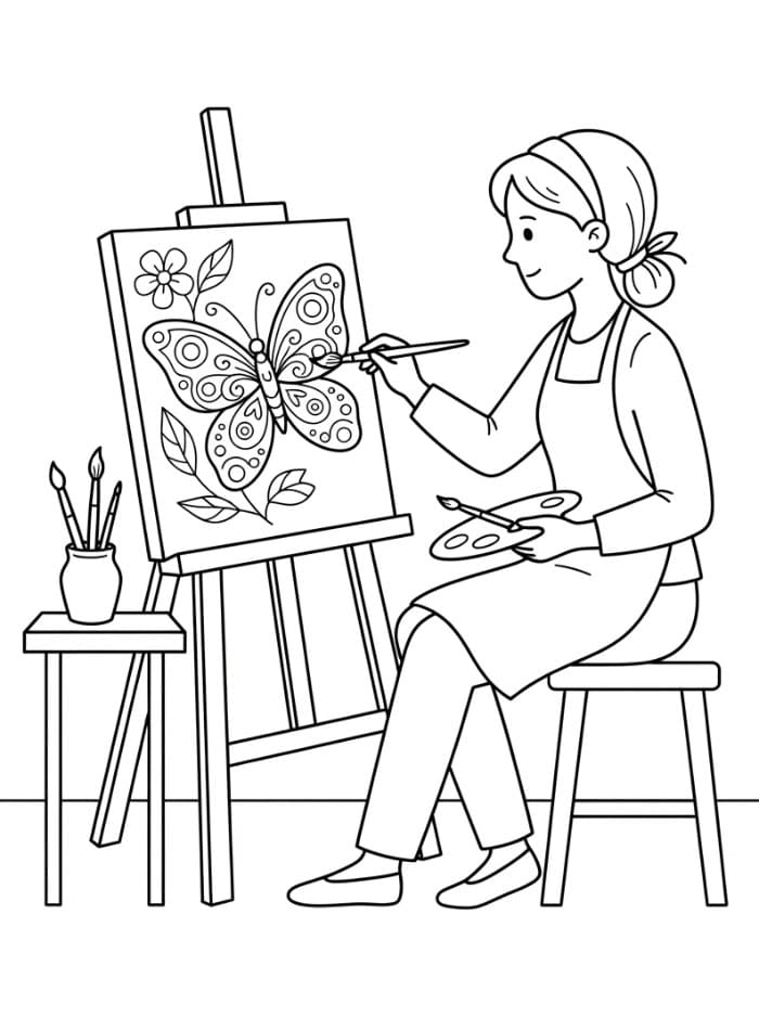 Artista che dipinge una farfalla da colorare