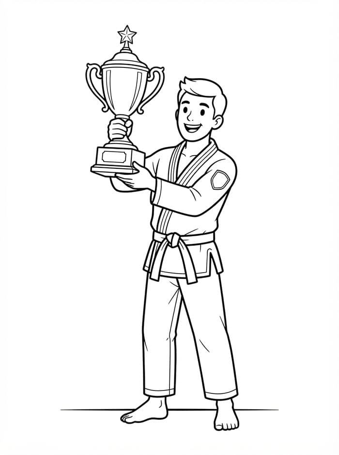 Artista marziale che tiene in mano un trofeo da colorare