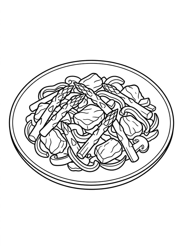 Asparagi e carne saltati in padella da colorare