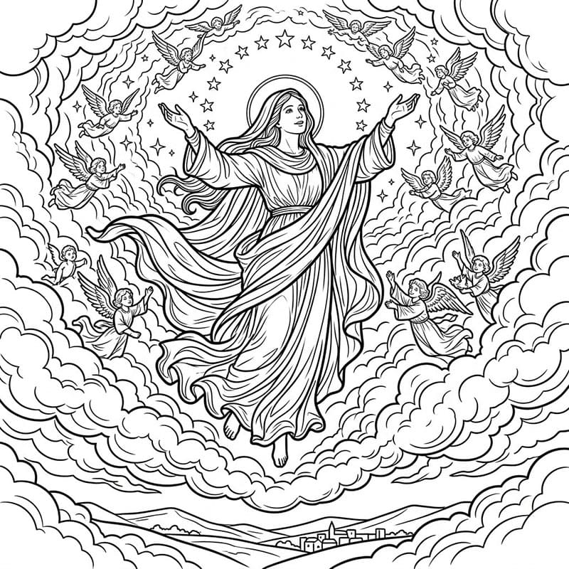 Assunzione radiosa di Maria da colorare