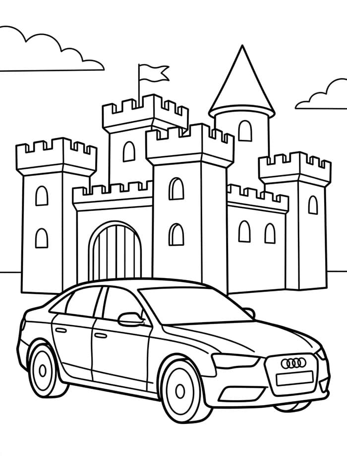 Audi davanti a un castello da colorare
