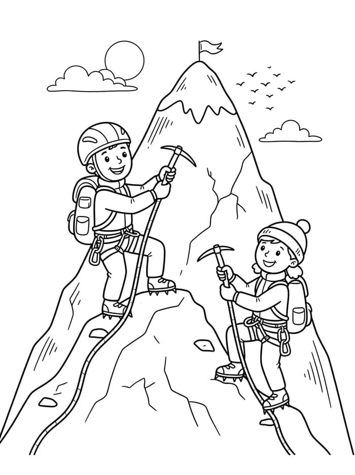 Avventura alpinistica in stile cartoon da colorare