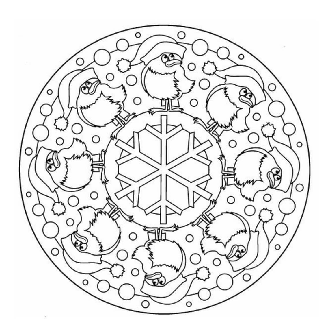 Babbo Natale e fiocchi di neve nel Mandala di Natale da colorare