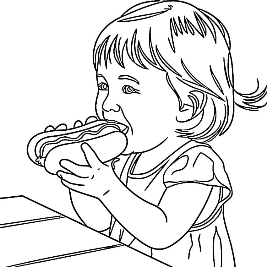 Bambina che Mangia Hot Dog da colorare