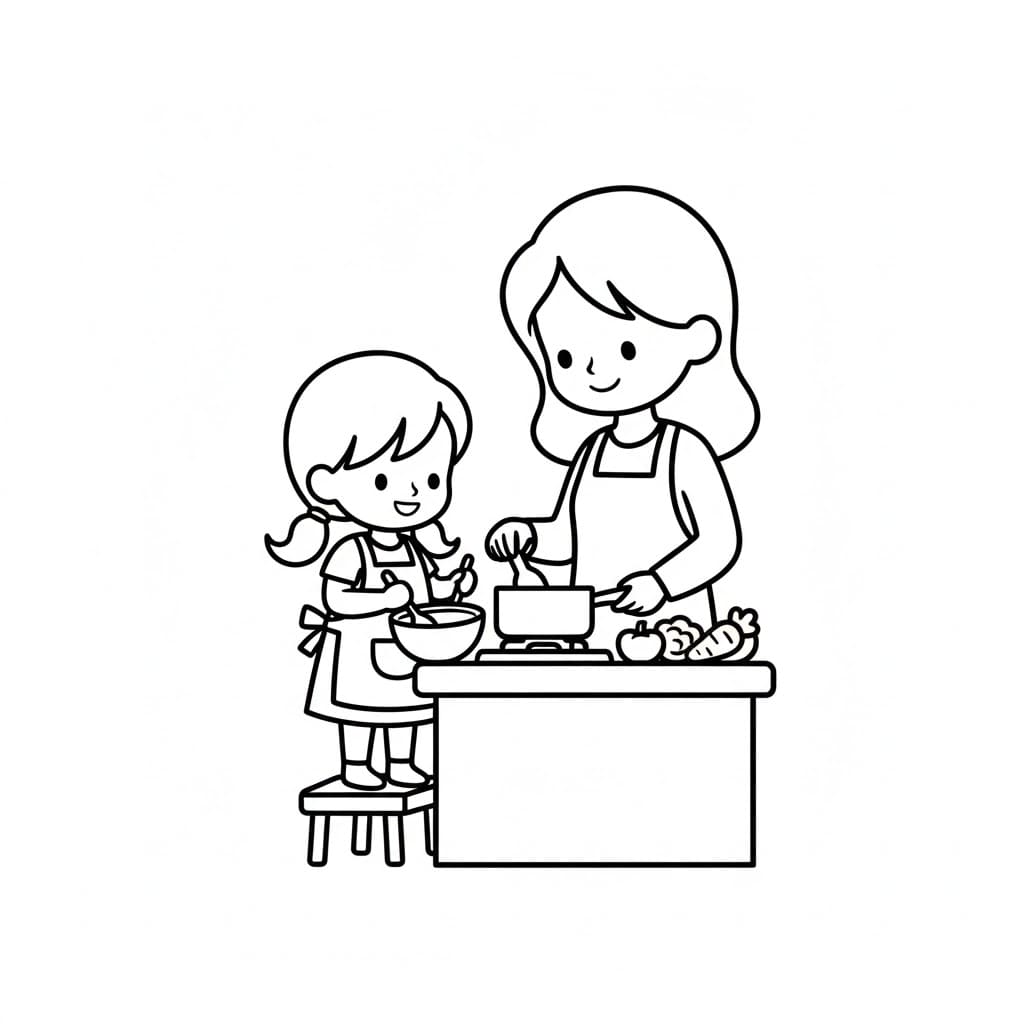 Bambina che aiuta la madre da colorare