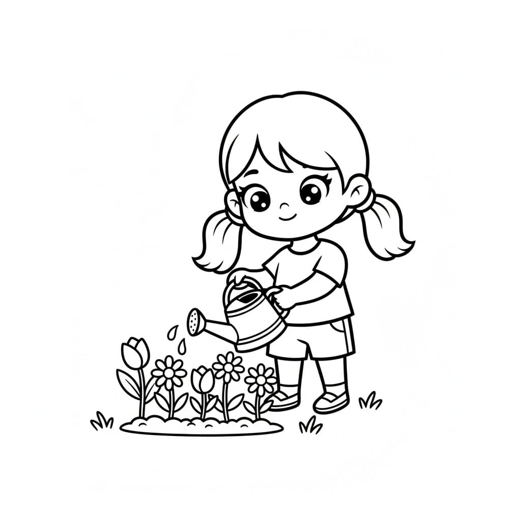 Bambina che annaffia i fiori da colorare