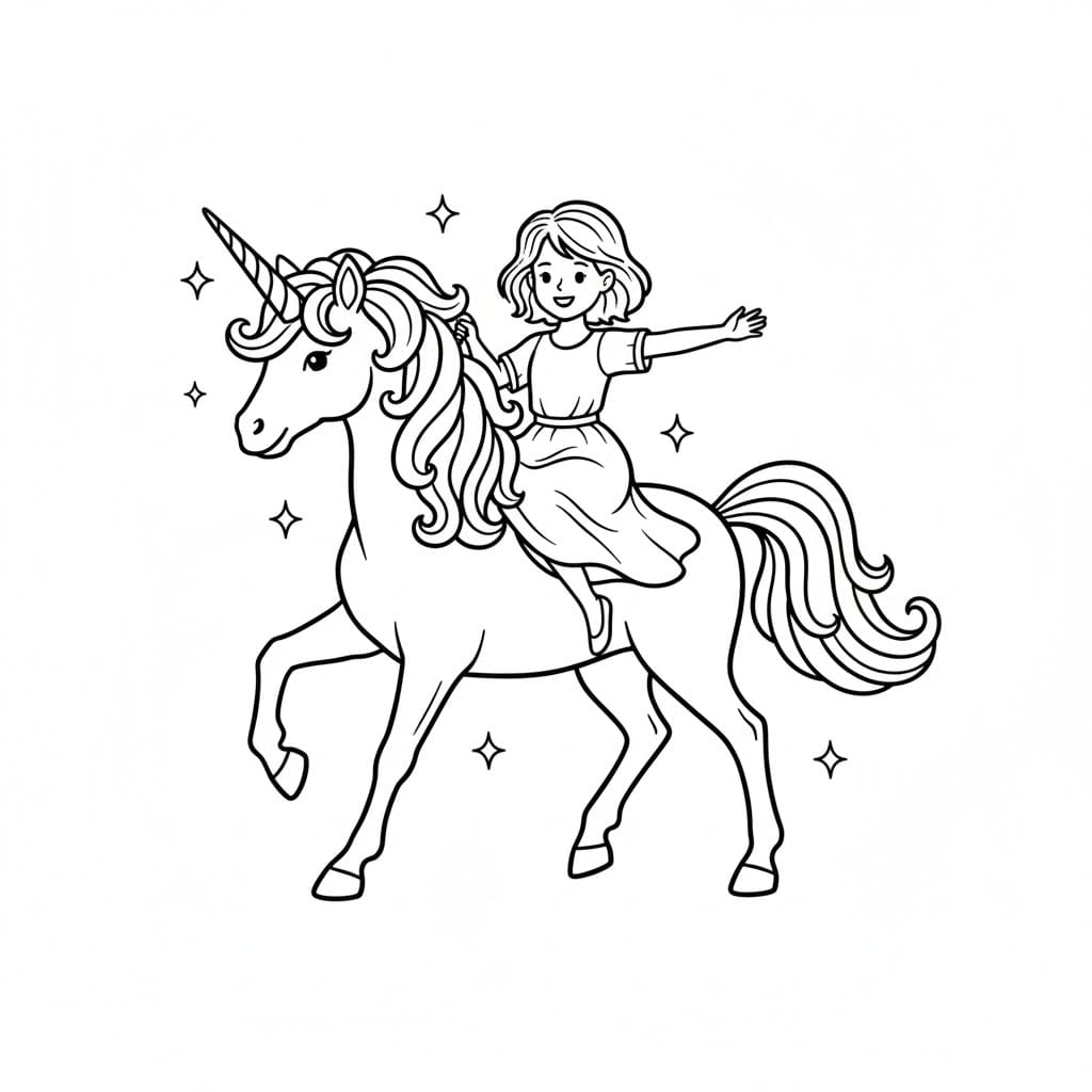 Bambina che cavalca un unicorno da colorare