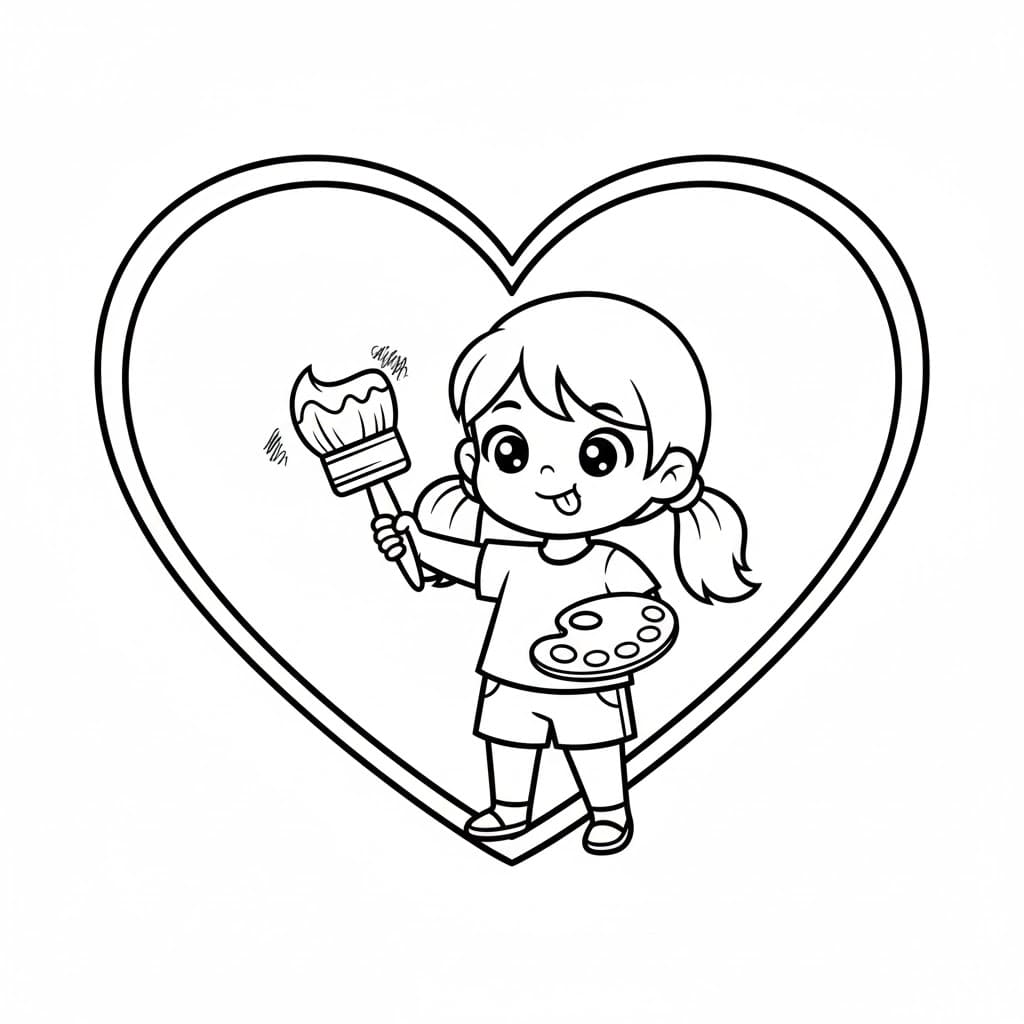 Bambina che colora un grande cuore da colorare