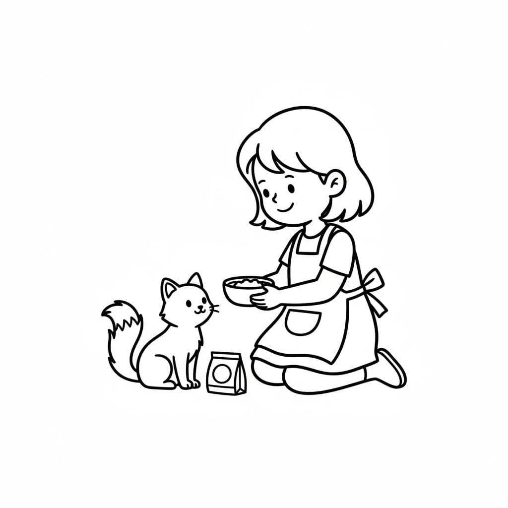 Bambina che dà da mangiare al gatto da colorare