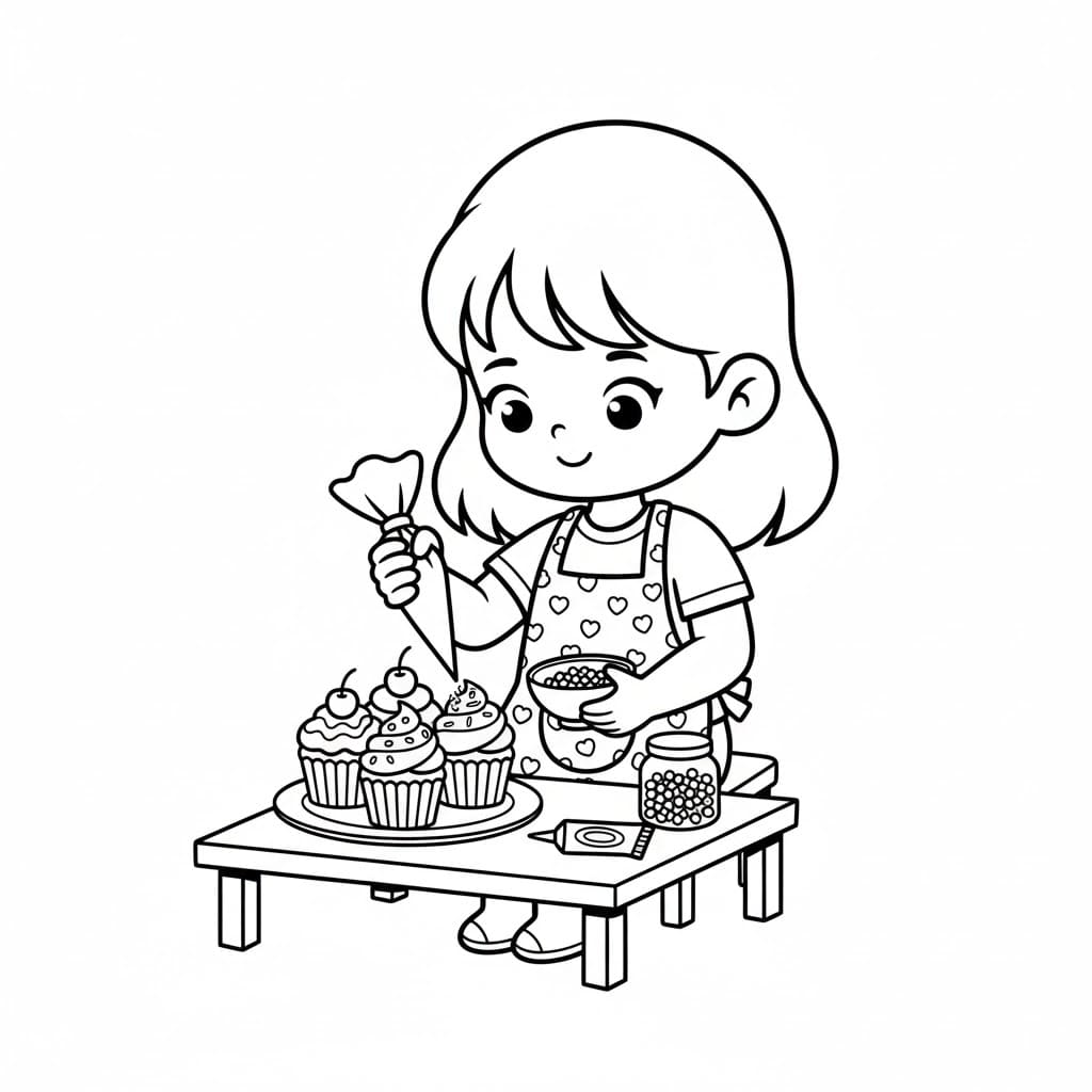 Bambina che decora la torta da colorare