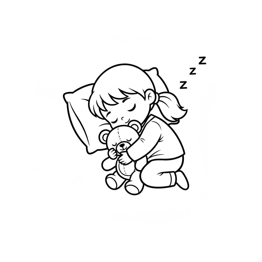 Bambina che dorme con l'orsacchiotto da colorare