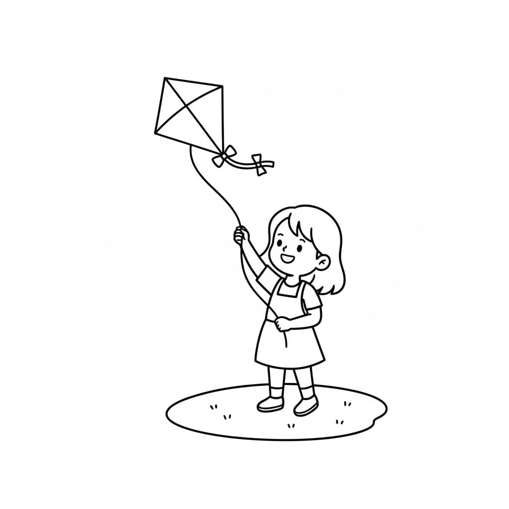 Bambina che fa volare un aquilone da colorare