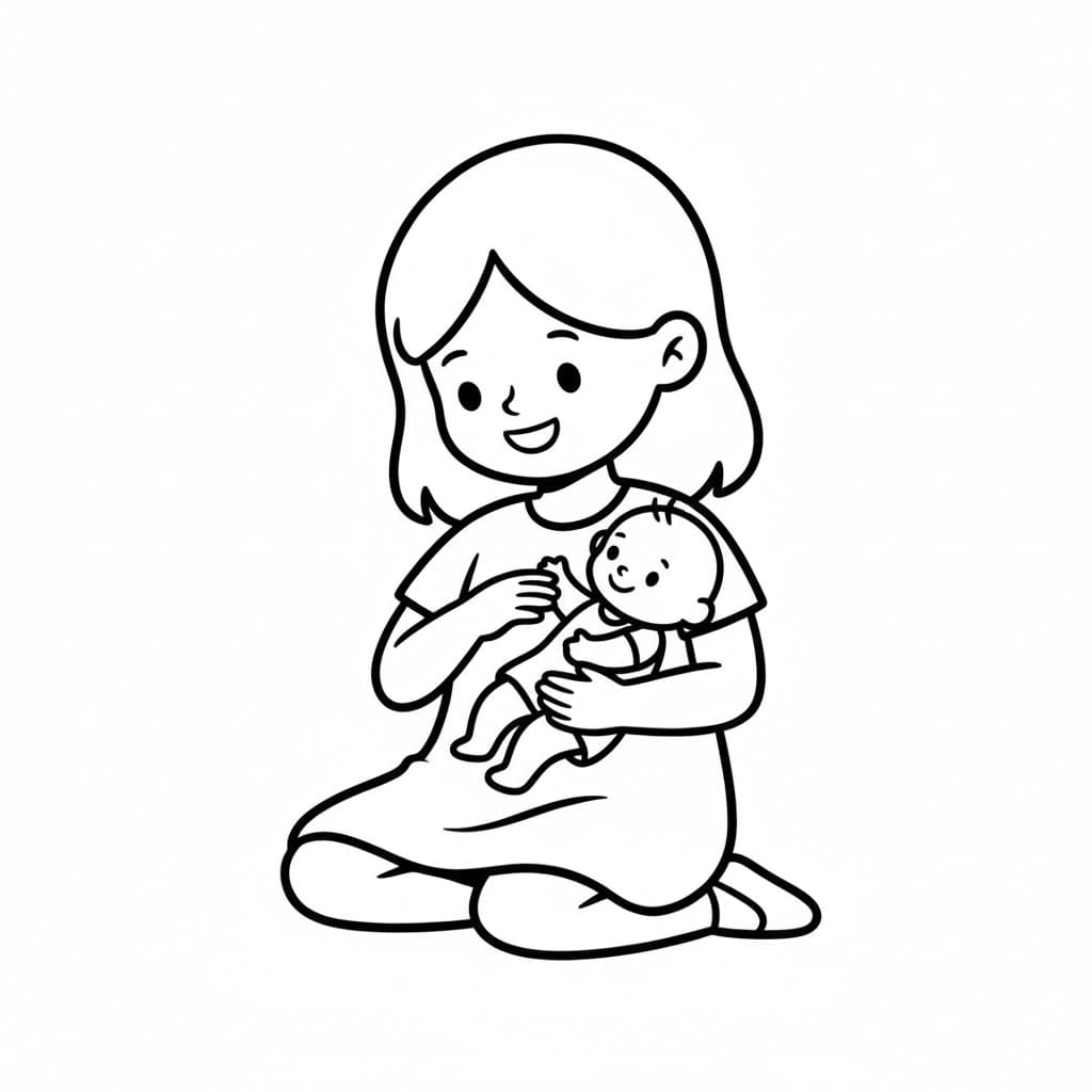 Bambina che gioca con le bambole da colorare