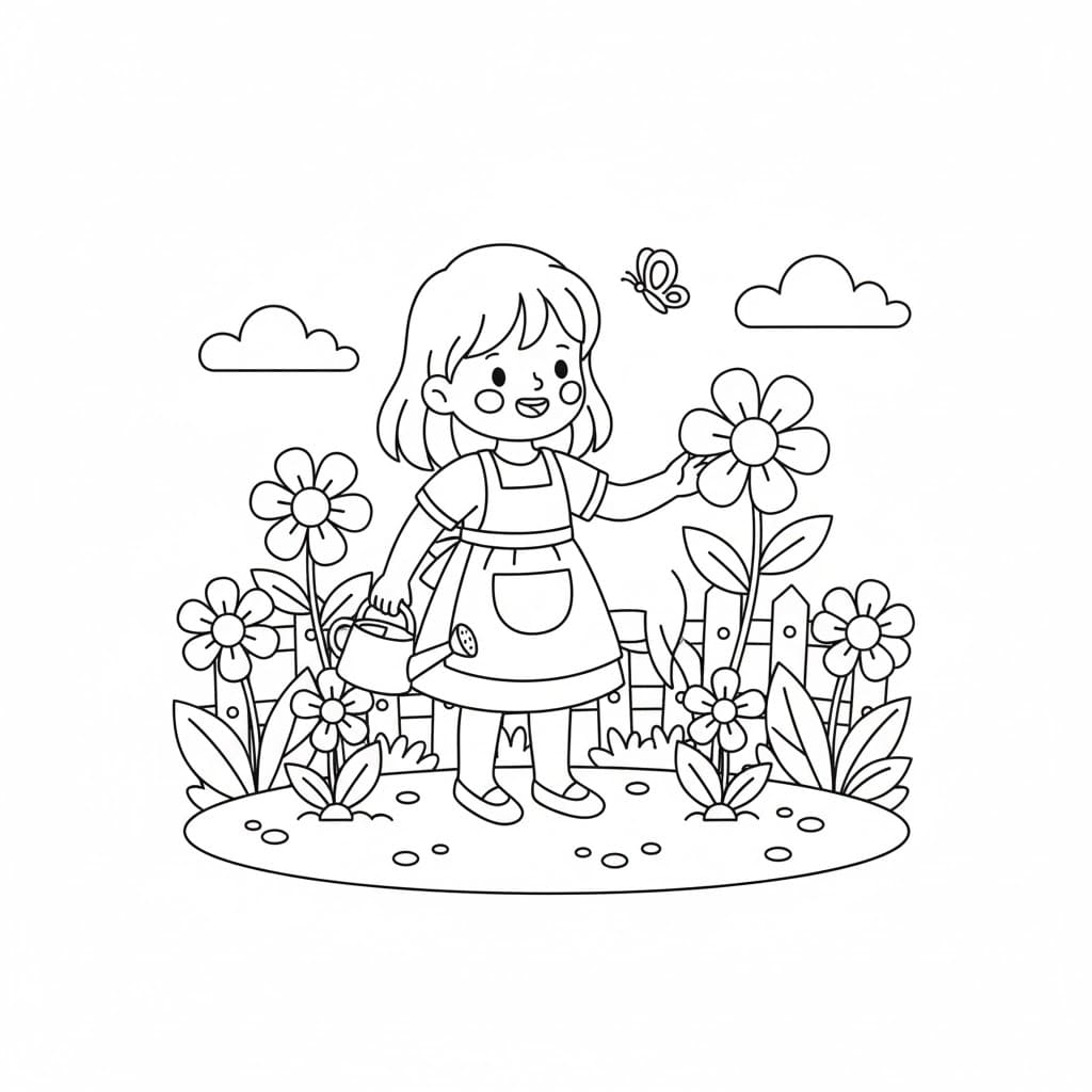 Bambina che gioca in giardino da colorare