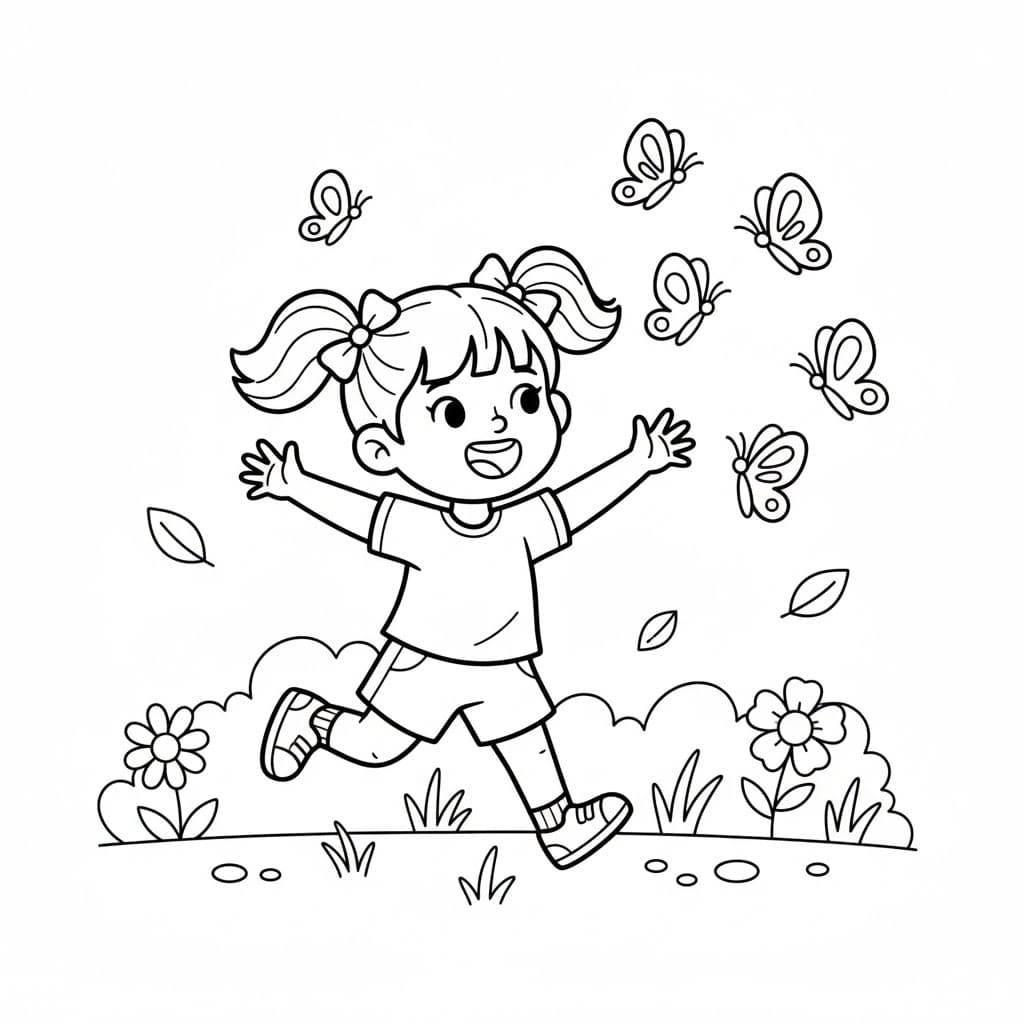 Bambina che insegue le farfalle da colorare