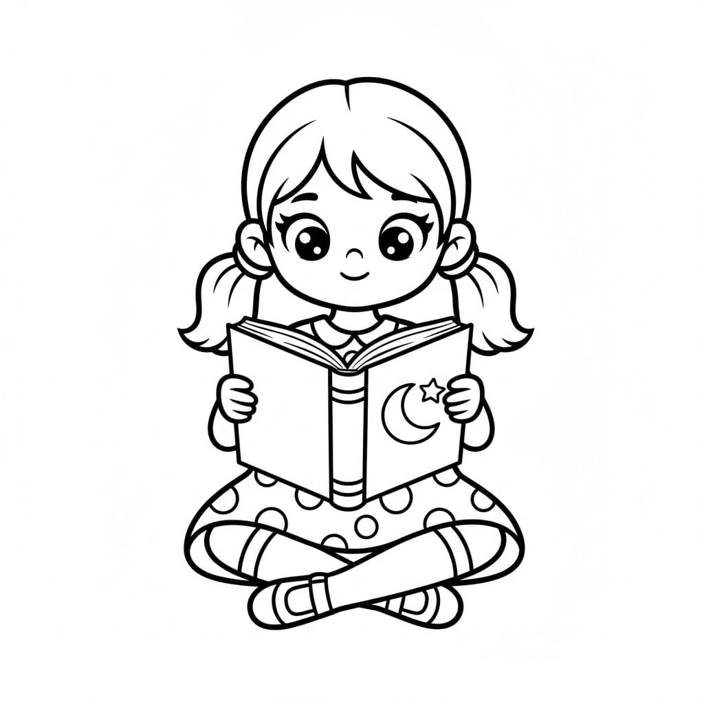 Bambina che legge un libro da colorare