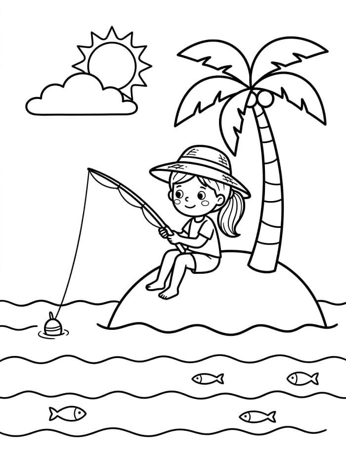 Bambina che pesca su un'isola da colorare