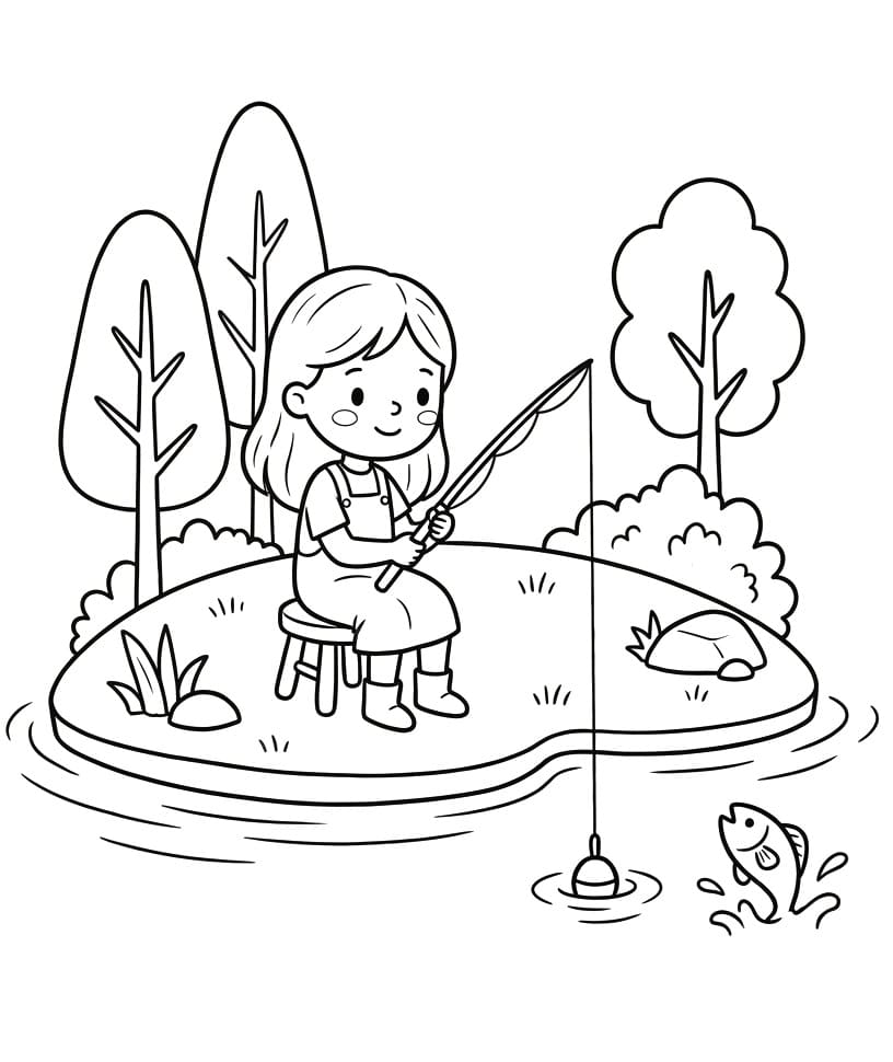 Bambina che pesca da colorare
