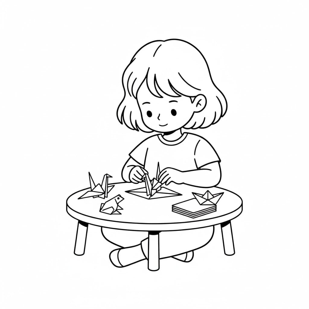 Bambina che piega gli origami da colorare
