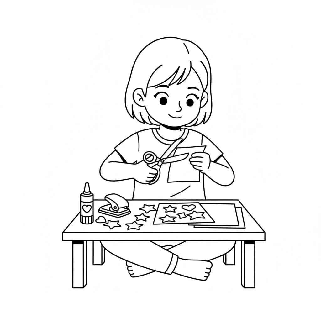 Bambina che ritaglia e incolla i suoi lavoretti da colorare