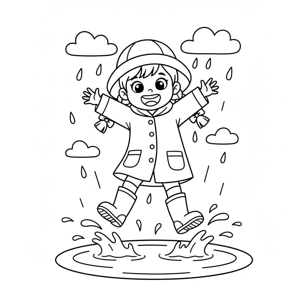 Bambina che salta nella pozzanghera da colorare