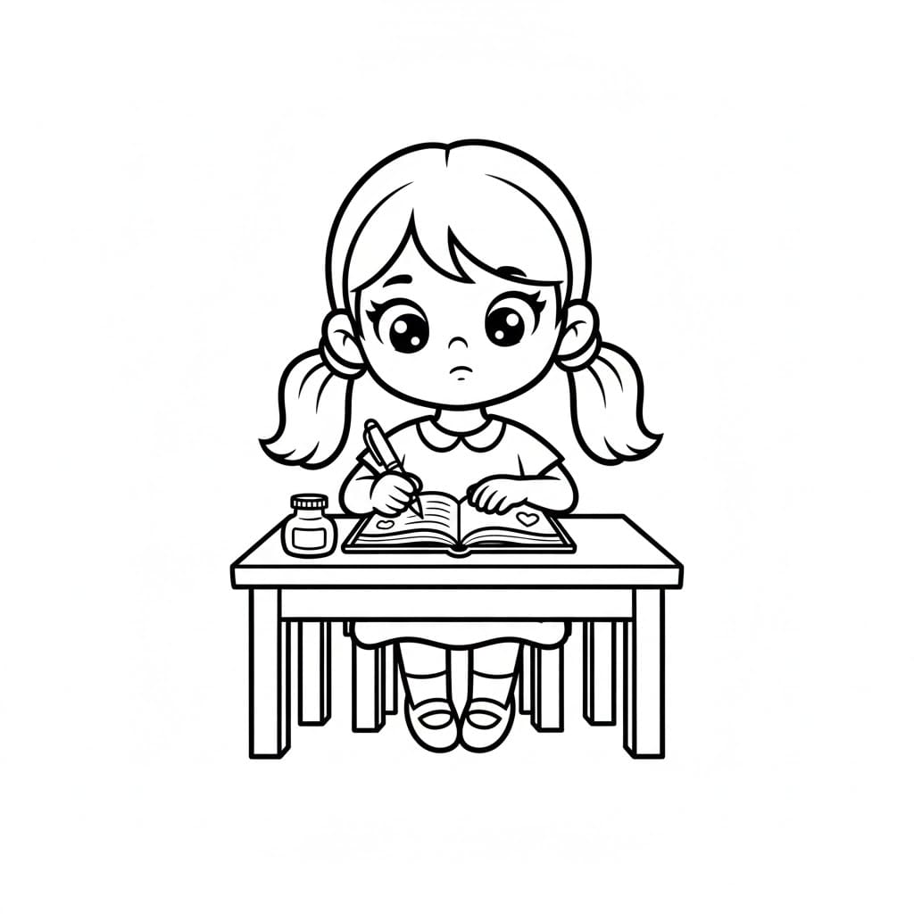 Bambina che scrive un diario da colorare
