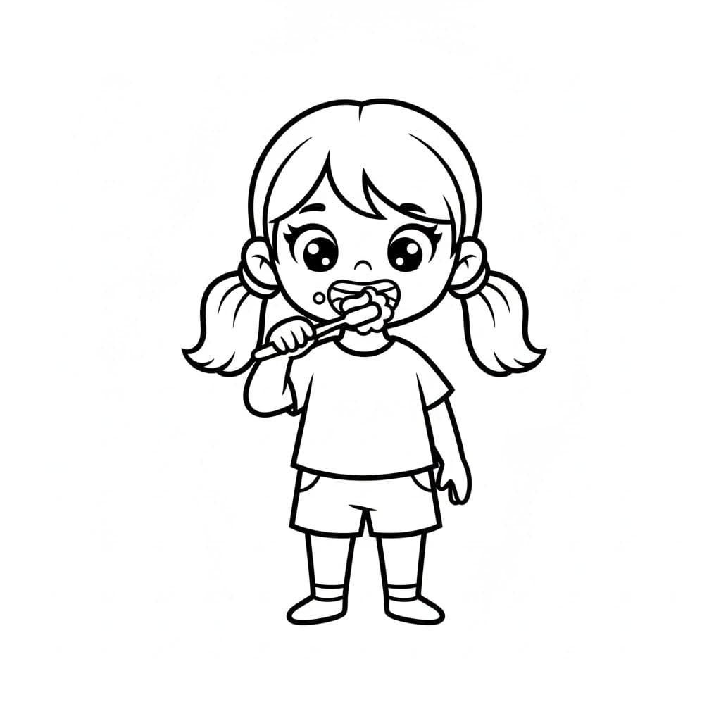 Bambina che si lava i denti da colorare