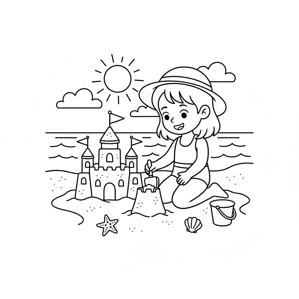 Bambina in spiaggia da colorare