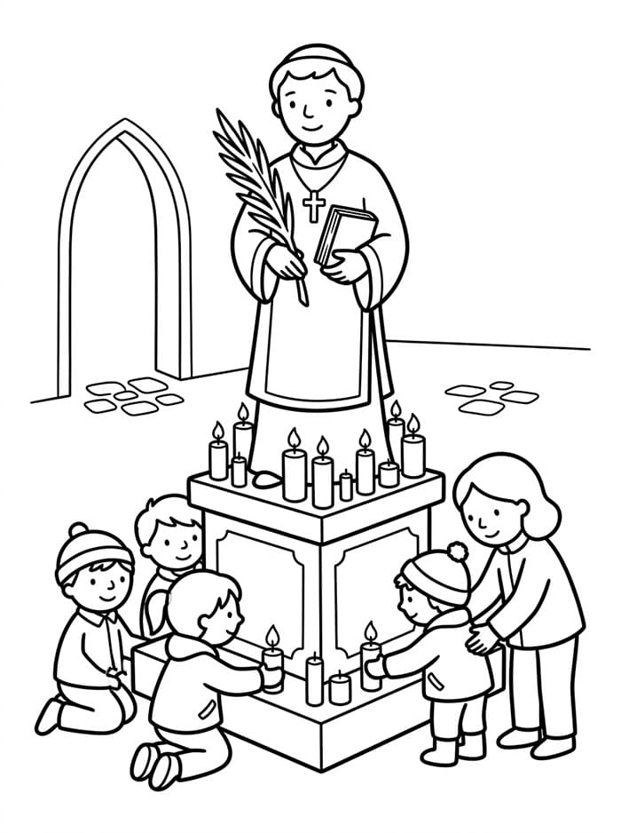 Bambini che circondano Santo Stefano da colorare