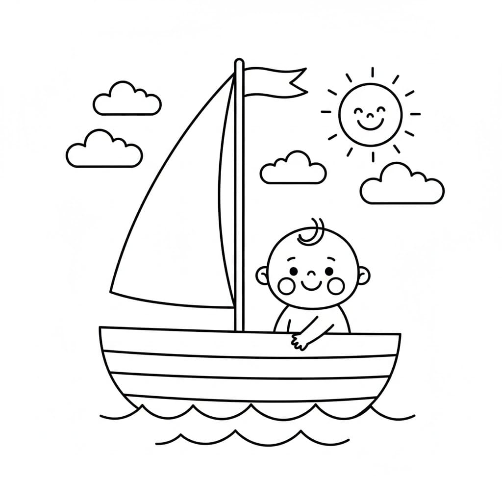 Bambini su una barca a vela da colorare